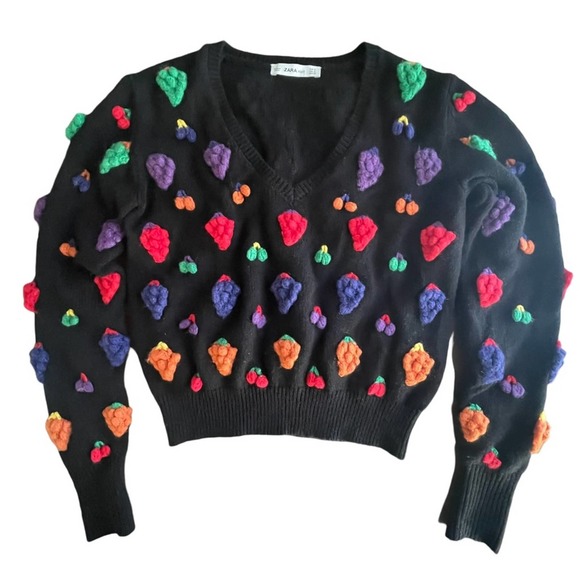Zara Knit Crochet Fruit Sweater Black Small - Picture 1 of 5